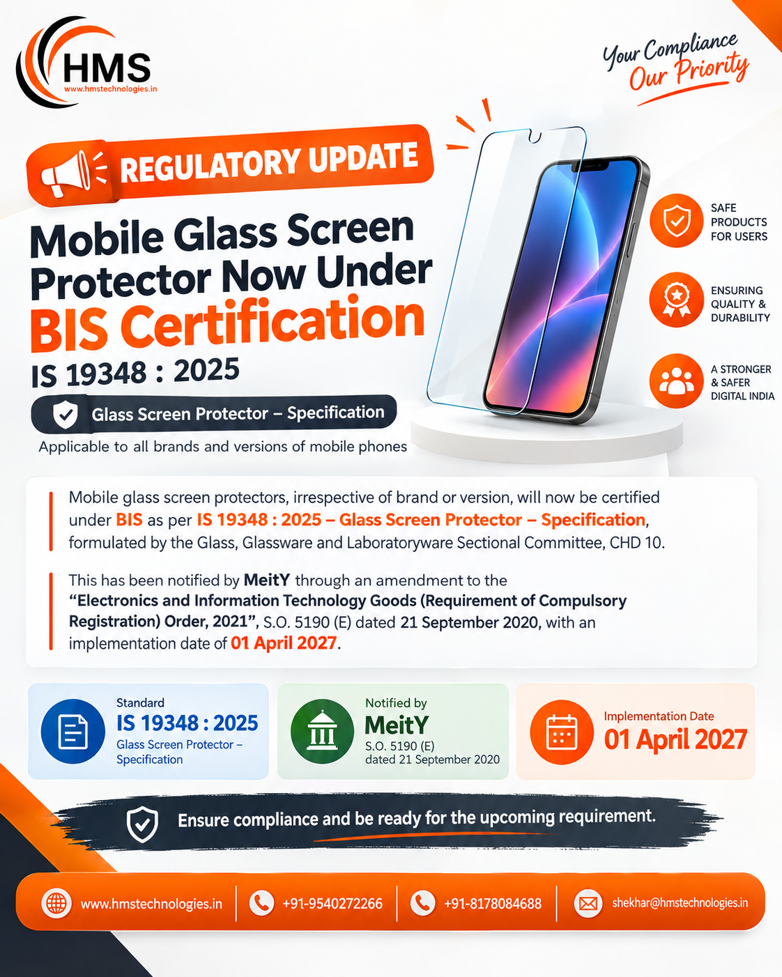 BIS Certification for Mobile Glass Screen Protector as per IS 19348:2025